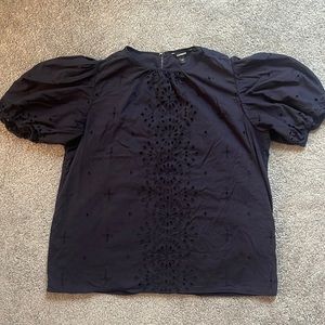 Express Navy Blue Eyelet Shirt With Puff Sleeves